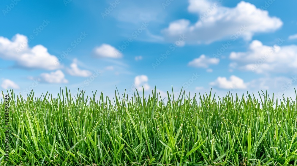 Lush green grass under a clear blue sky with fluffy clouds in the background during a sunny day Lush green grass under a clear blue sky with fluffy clouds in the background during a sunny day