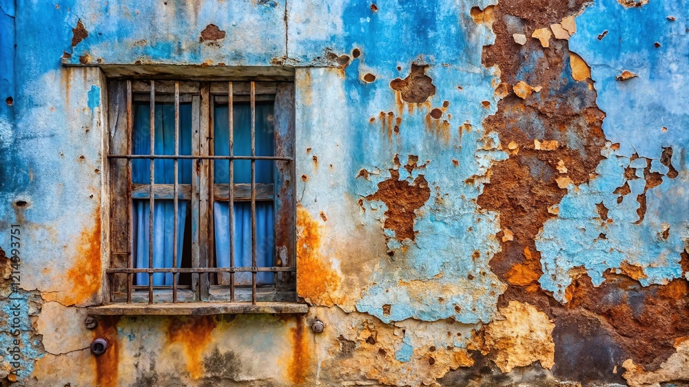 Rustic Blue Wall with Rusty Window - Aged Building Exterior Stock Photo Rustic Blue Wall with Rusty Window - Aged Building Exterior Stock Photo