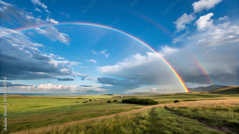 Vibrant Rainbow Over Lush Green Landscape Under Blue Sky