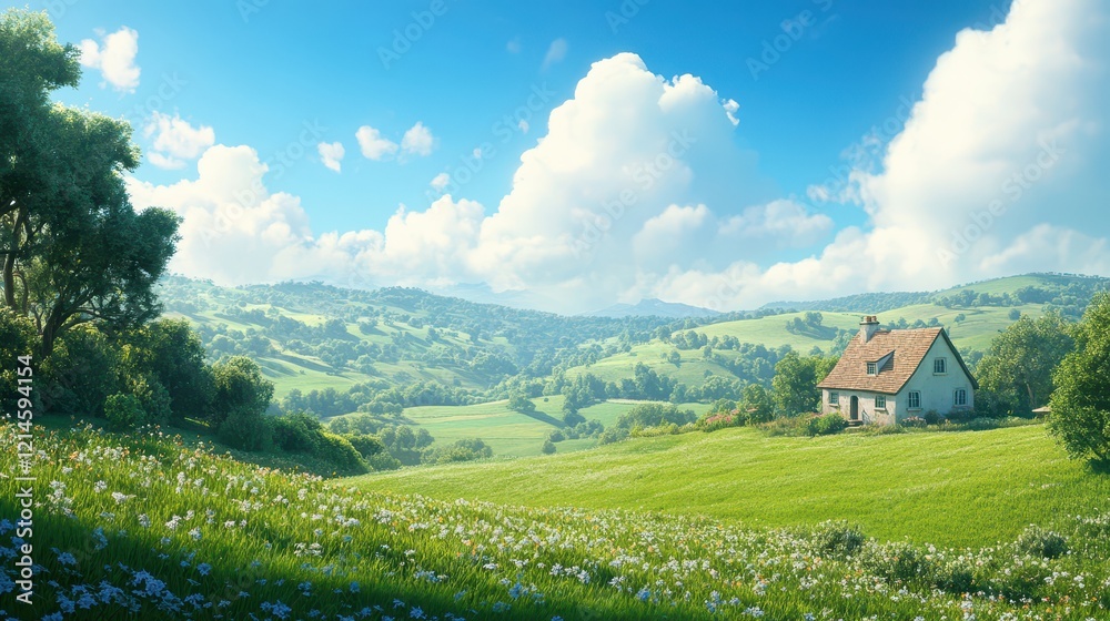 Fototapeta premium Scenic Countryside Landscape with Rolling Green Hills, Lush Fields, and a Charming Cottage Against a Bright Blue Sky