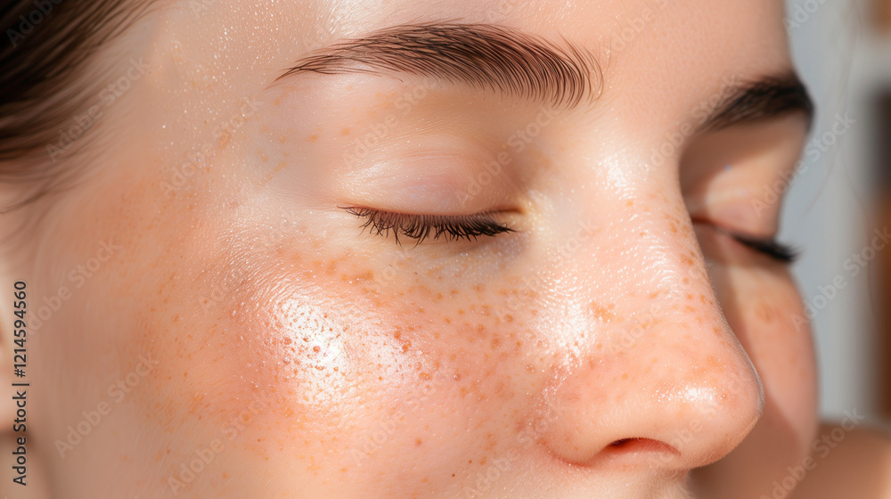Fototapeta premium Natural Face Texture Close-up: Flawed Beauty in Soft Light with Blurred Backdrop, Embracing Authentic Skin Health
