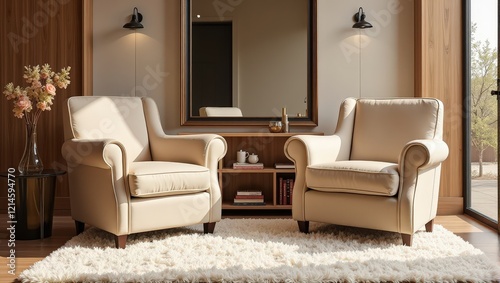 Two cream leather armchairs with dark brown wooden legs rest on a soft, white shaggy rug against a warm light brown hardwood floor. A backdrop hints at elegance behind.   photo