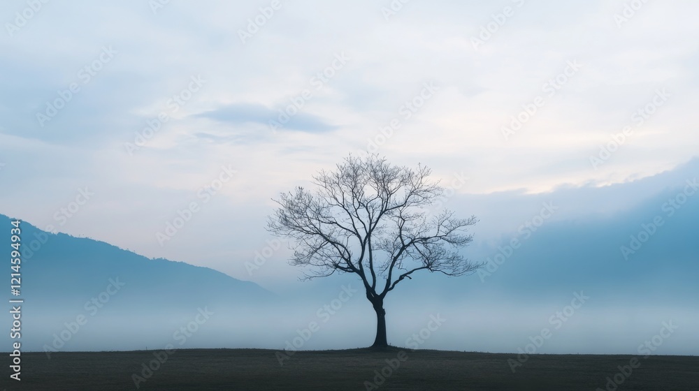 Solitary bare tree on misty field with mountains. Solitary bare tree on misty field with mountains.