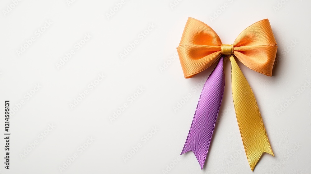 Yellow and purple decorative bow on a clean white background for festive occasions and gift wrapping Yellow and purple decorative bow on a clean white background for festive occasions and gift wrapping