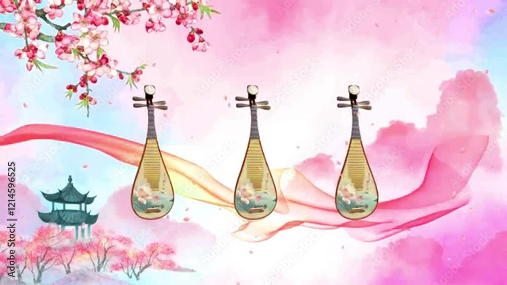 Traditional Chinese Instruments Pipa Amidst Pink Flowers in Artistic Landscape Celebrating Music and Culture