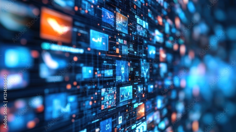 Digital data streams flow across futuristic server wall Digital data streams flow across futuristic server wall