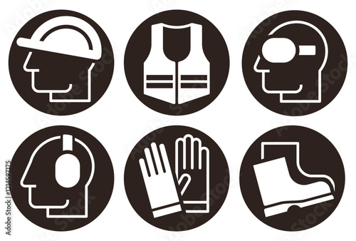 Safety signs - must be worn symbols, wear hearing protection, wear helmet, wear safety shoes, wear gloves, wear protective vest and wear safety glasses. Mandatory safety icons