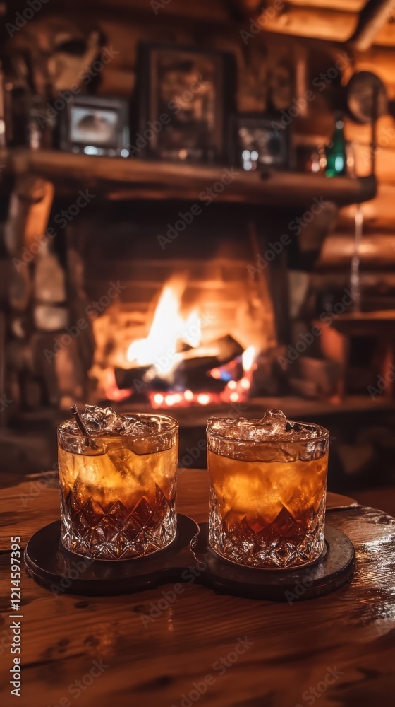 Fototapeta premium Two Drinks Near A Cozy Fireplace Setting