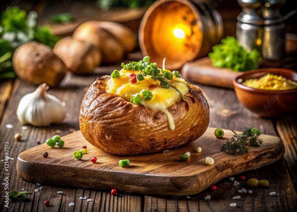 Rustic Kitchen Scene: Hot Baked Potato with Crispy Skin and Melted Butter Rustic Kitchen Scene: Hot Baked Potato with Crispy Skin and Melted Butter