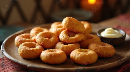 Delicious boortsog deep-fried mongolian biscuits arranged on wooden plate photo