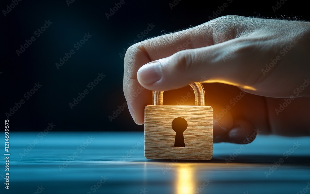 Obraz premium Hand Touching Digital Security Icon on Blue Technology Background