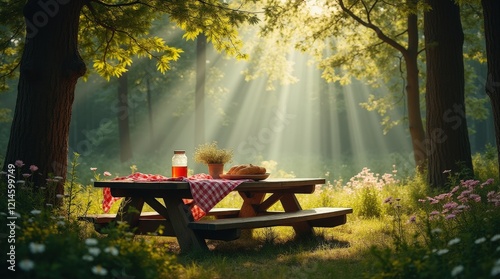 Relaxing picnic spot in a tranquil forest surrounded by sunlight photo