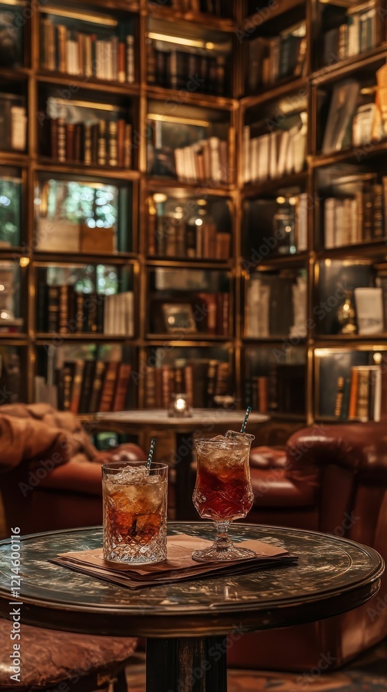 Two Cocktails Resting on a Table in a Library Setting Two Cocktails Resting on a Table in a Library Setting