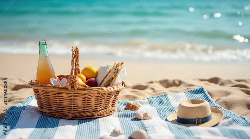 Enjoying a casual picnic on a sunny beach with a striped blanket and snacks Enjoying a casual picnic on a sunny beach with a striped blanket and snacks