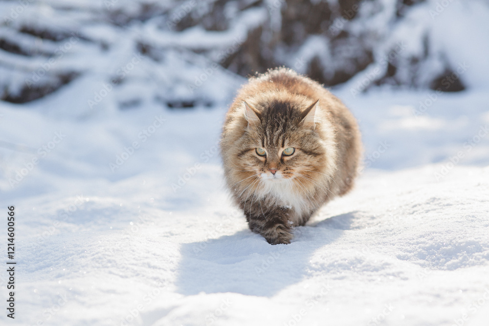 Obraz premium winter portrait of beautiful cat outdoors, fluffy ginger Siberian cat raise paw up standing in snow, lovely pet