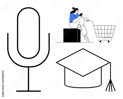 Large microphone, person studying with tablet on large block and shopping cart, graduation cap with tassel. Ideal for online learning, education technology, knowledge sharing, digital learning photo