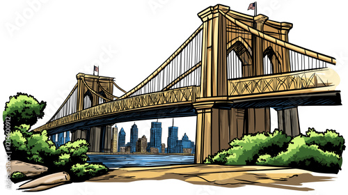 Brooklyn bridge in New York. Vector comic hand-drawn illustration of Brooklyn bridge