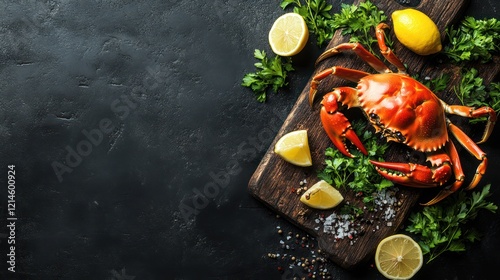 A close-up shot of a cooked crab on a rustic wooden board, accompanied by fresh lemon slices and parsley