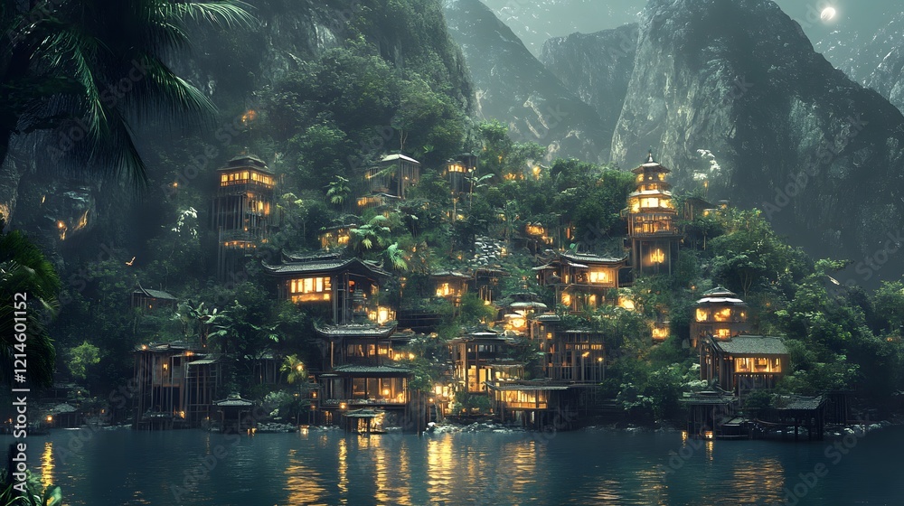 Obraz premium Enchanting Night Village Lush Jungle Mountain Lake