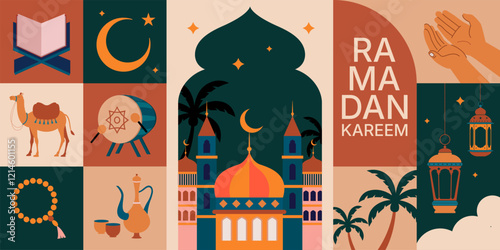 2d vector Ramadan Kareem, geometric background and wallpaper design, Ramanda Kareem illustration, greeting card template