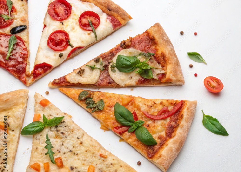 Aerial View of Delicious Pizza Slices with Various Toppings, Isolated on White Background Aerial View of Delicious Pizza Slices with Various Toppings, Isolated on White Background