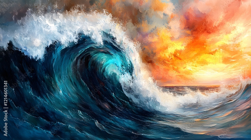 Fototapeta premium Ocean Wave Sunset Seascape Abstract Painting Art