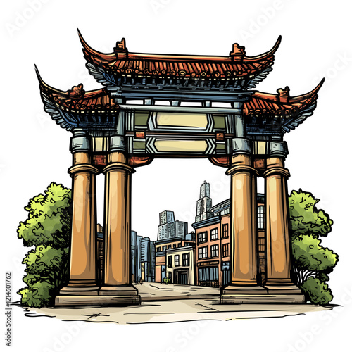 Vector comic hand-drawn illustration of Chinatown gate. Chinatown gate in New York