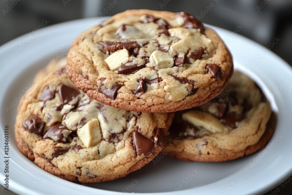 Freshly baked chocolate chip cookies stacked on white plate Freshly baked chocolate chip cookies stacked on white plate