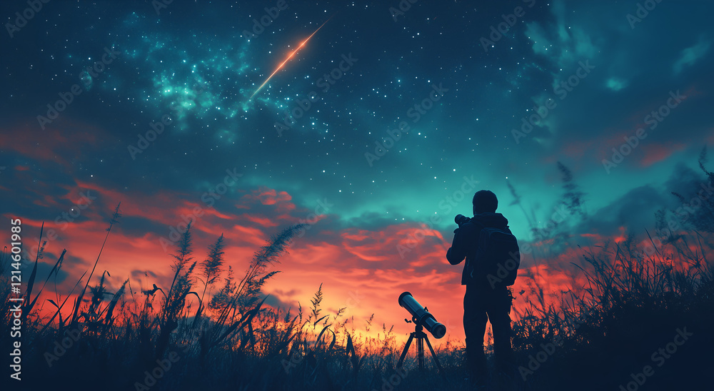 Fototapeta premium Silhouette of a man with a telescope, looking at a shooting star in the night sky. 
