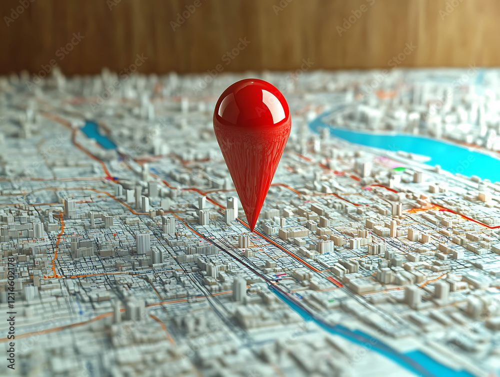 A vibrant red marker pinpoints a location on a detailed 3D city map. This image perfectly conveys concepts of location, navigation, and urban planning.