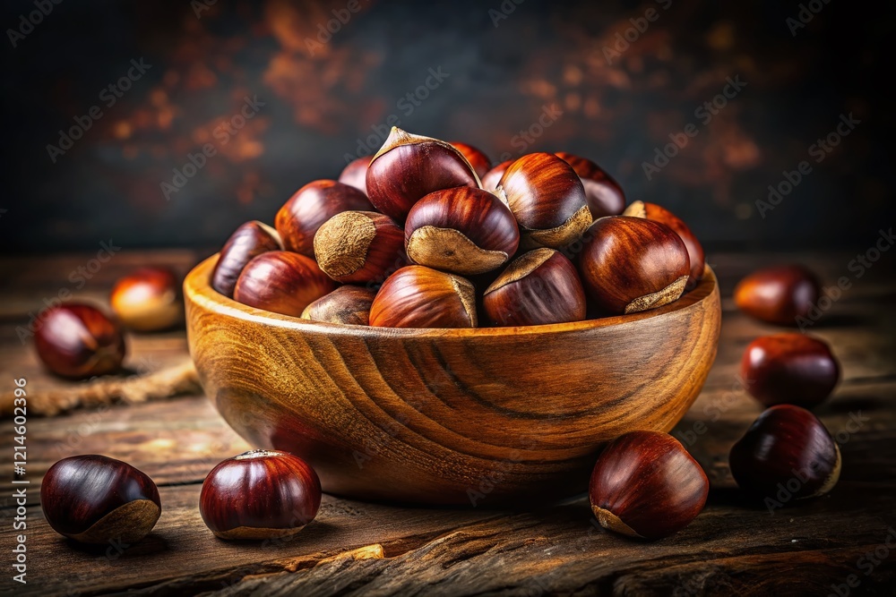 Rustic Wooden Bowl of Chestnuts - Autumn Harvest Still Life Rustic Wooden Bowl of Chestnuts - Autumn Harvest Still Life
