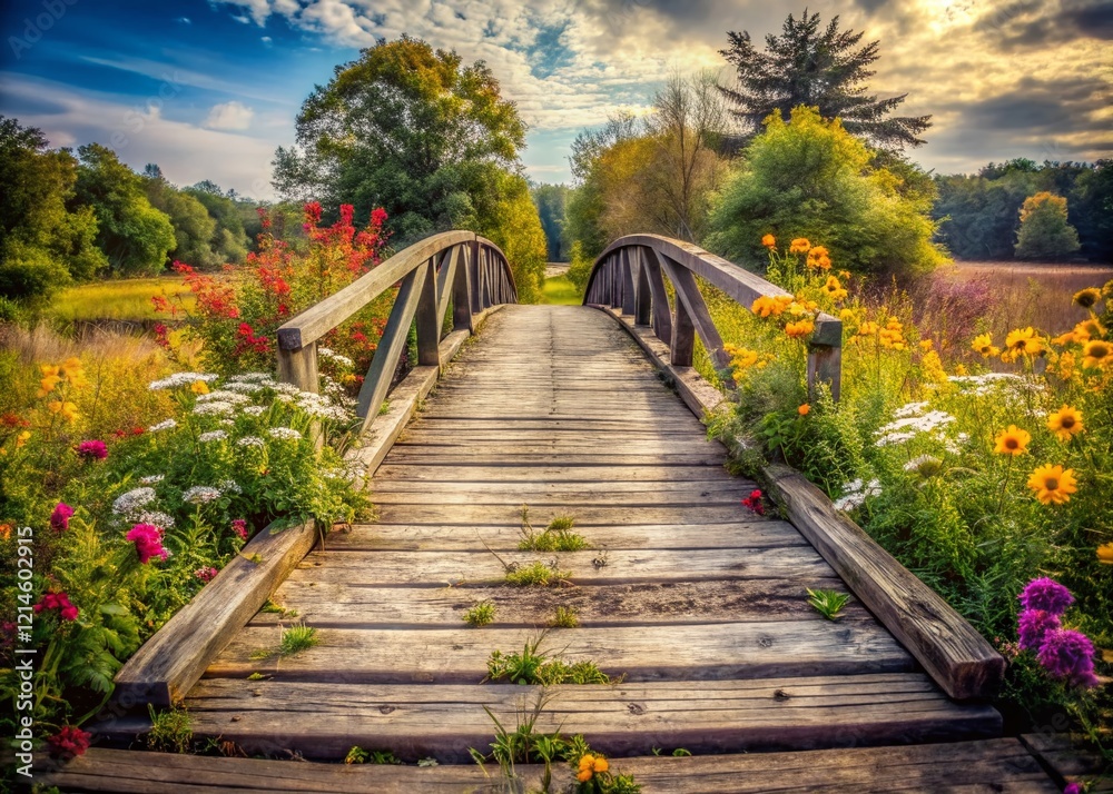 Obraz premium Rustic Wooden Bridge Country Road Black and White Vintage Stock Photo
