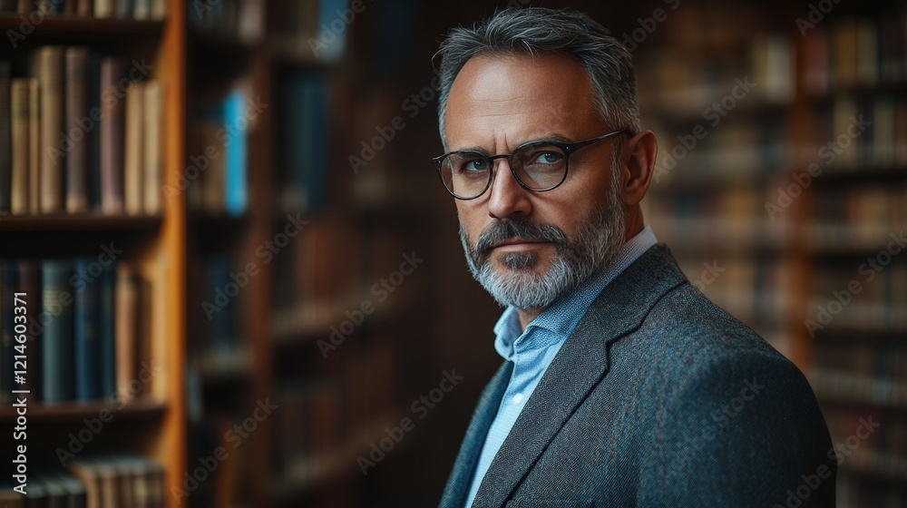 Obraz premium A professional man in a classic library setting, showcasing expertise and academic depth. Suitable for educational, corporate, or biographical contexts.