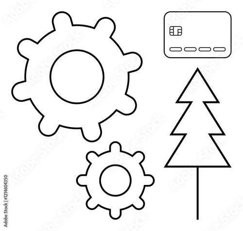 Gears representing mechanism, credit card symbolizing finance, and Christmas tree indicating holiday. Ideal for technology, finance, holiday marketing, innovation, banking, festive designs photo