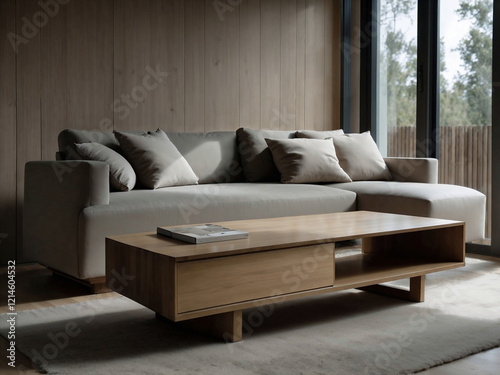 Modern living room with sectional sofa and wooden coffee table design photo