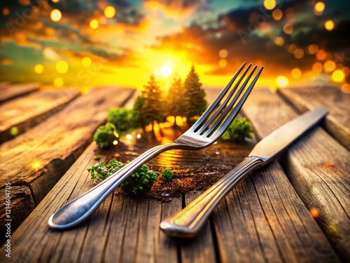 Rustic Wooden Table Setting: Selective Focus on Knife and Fork - Double Exposure Photography photo