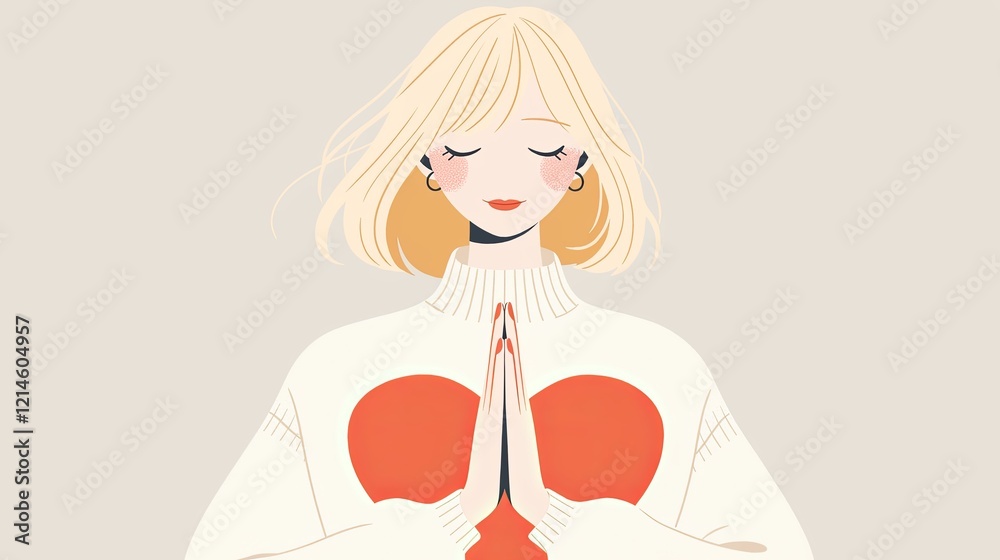 Illustration of a serene woman in prayer position with a heart sweater Illustration of a serene woman in prayer position with a heart sweater
