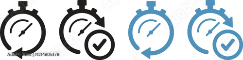 Vector icon of stopwatch with arrow and checkmark in two different styles. Timer symbol, fast time and for recording speed. Vector illustration