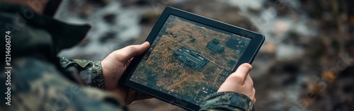 A soldier using a high-tech tablet with holographic graphics, representing innovation and tactical strategies. Ideal for military technology, futuristic warfare, and cybersecurity themes. photo