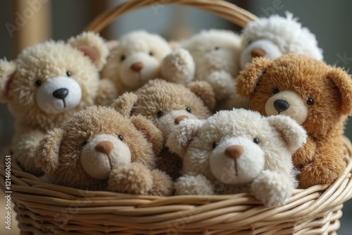 Wicker basket filled with teddy bears in shades of brown, beige, and white photo