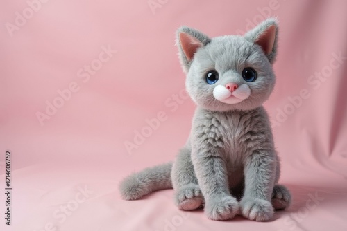Fluffy gray plush cat with blue eyes and pink nose on pink fabric background

