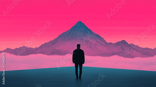 Solitude and Ambition: A lone figure stands silhouetted against a majestic, colorful mountain range, bathed in a vibrant pink and purple sky.
