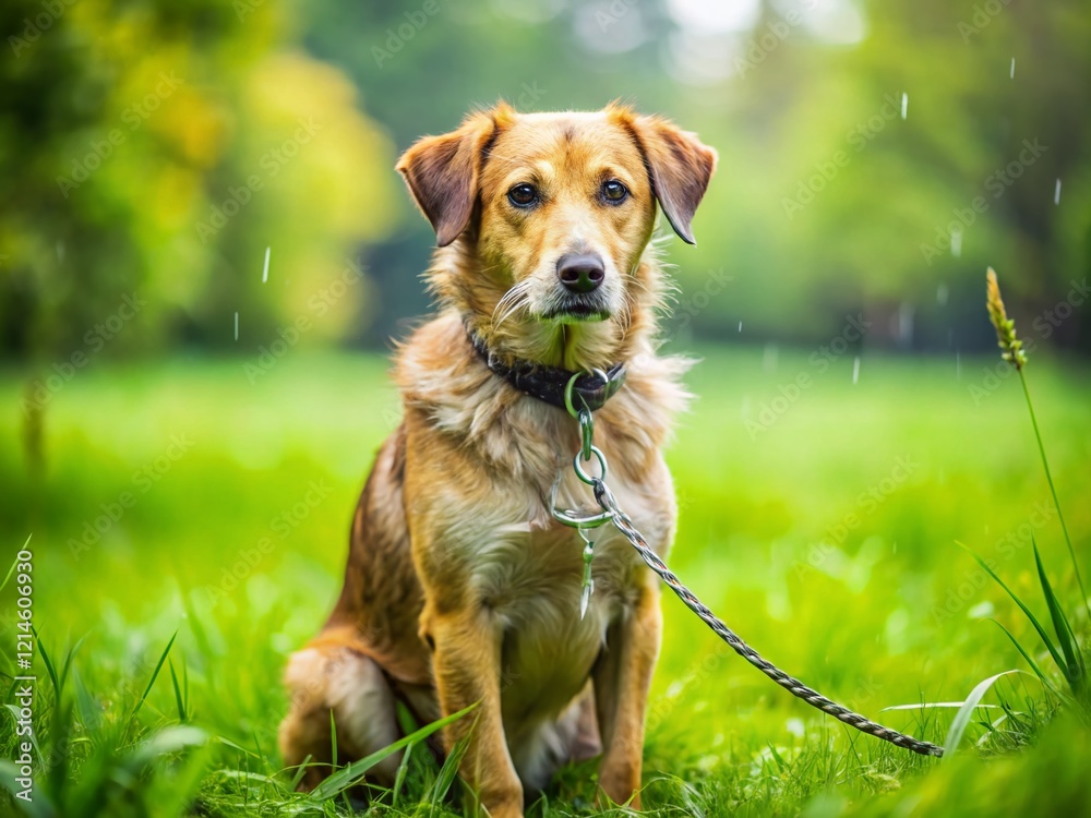 Sad Mixed Breed Dog on Leash After Rain, Green Grass Background Sad Mixed Breed Dog on Leash After Rain, Green Grass Background
