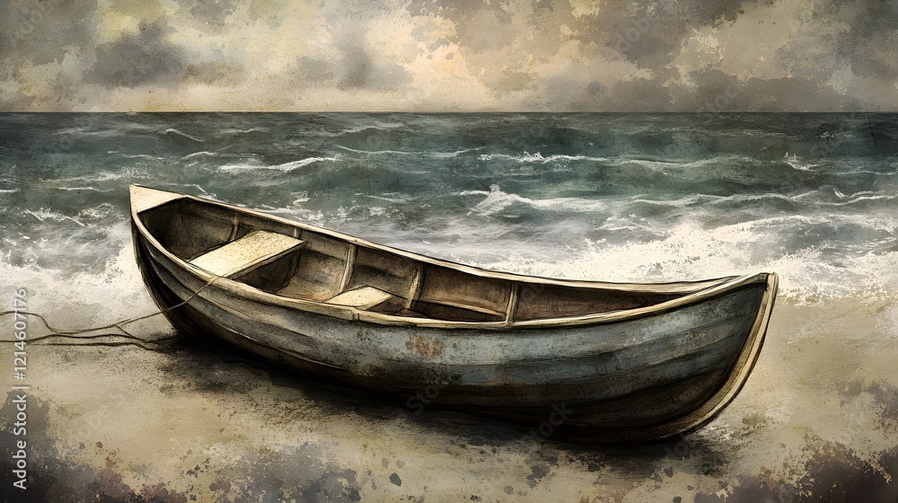 Obraz premium Lonely Rowboat on Stormy Beach Watercolor Seascape Painting