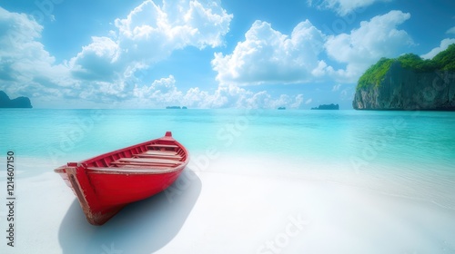 A red rowboat is parked on the white sandy beach of an island in the deep blue water