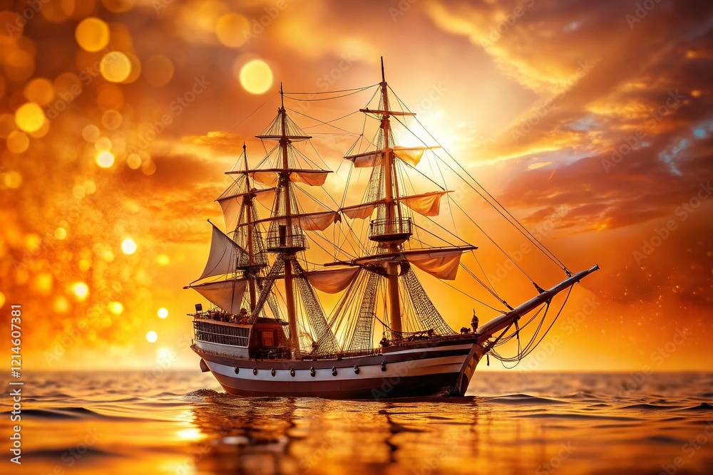 Sailing Ship at Sunset, Bokeh Background, Orange Sky, Ocean Vessel, Nautical Scene Sailing Ship at Sunset, Bokeh Background, Orange Sky, Ocean Vessel, Nautical Scene