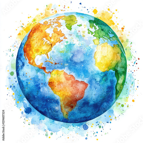 Watercolor globe earth illustration with continents. Vibrant artistic depiction of Earth showcasing continents and oceans, ideal for geography. Isolated on white background