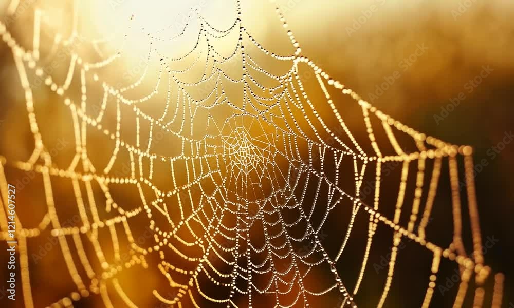 A close-up of a spider web adorned with dew drops, illuminated by soft sunlight.