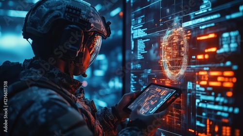 A soldier using a high-tech tablet with holographic graphics, representing innovation and tactical strategies. Ideal for military technology, futuristic warfare, and cybersecurity themes. photo