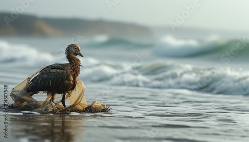 Environmental impact on birds: a bird entangled in plastic on the beach photo